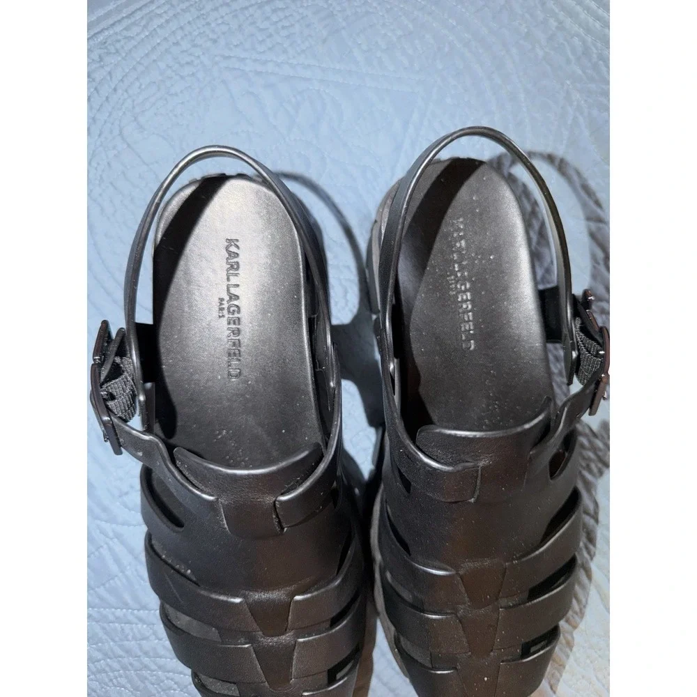 Karl Lagerfeld Paris Women's Fisherman Leather Sandals Black Logo Buckle Size 8